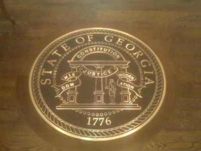 01 state seal set in hardwood floor 42 diameter